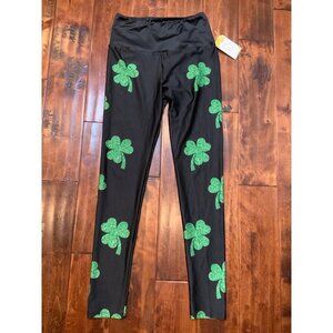 Goldsheep Black & Green Shamrock 3 Leaf Clover Pants Leggings, Size L